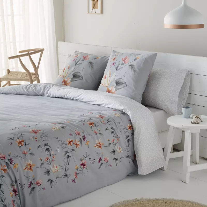 funda edredón percal algodón gris