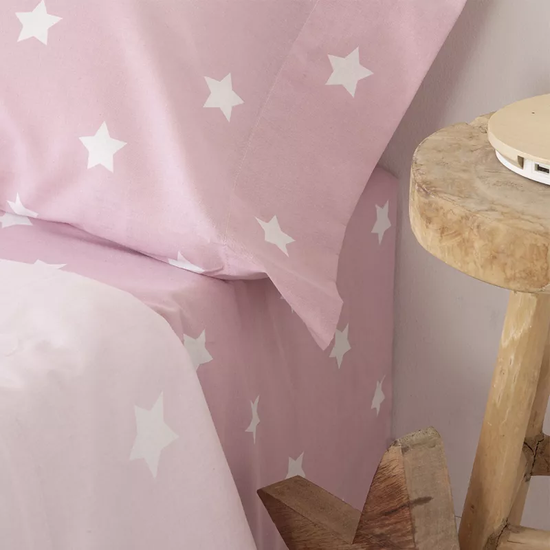 juego de sábanas infantil rosa algodón poliéster con estrellas