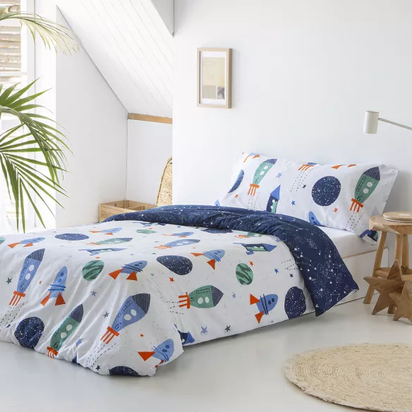 funda nórdica infantil juvenil poliéster algodón azul con cohetes