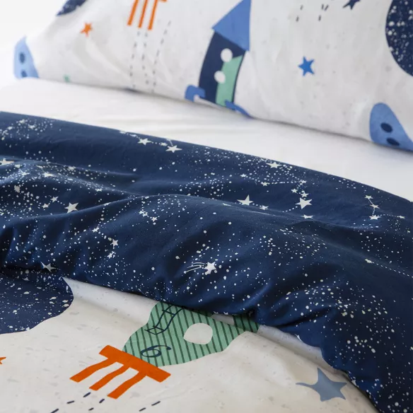 funda nórdica infantil juvenil poliéster algodón azul con cohetes reversible