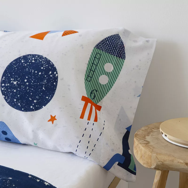 funda de edredón nórdico infantil juvenil poliéster algodón azul con cohetes reversible