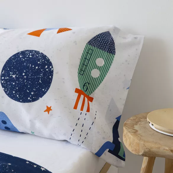 funda de edredón nórdico infantil juvenil poliéster algodón azul con cohetes reversible