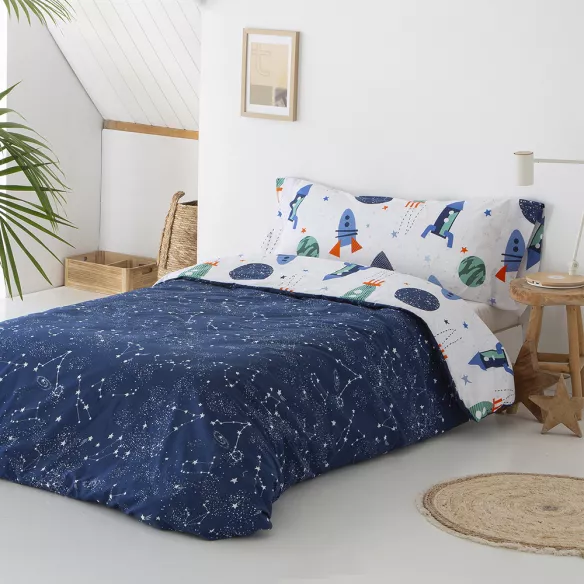 funda nórdica infantil juvenil poliéster algodón azul con cohetes reversible cierre con botones