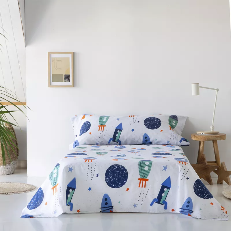 juego de cama infantil juvenil con cohetes algodón poliéster azul