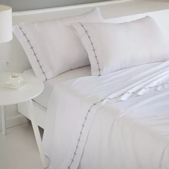 Juego de cama satén algodón egipcio blanco bordado