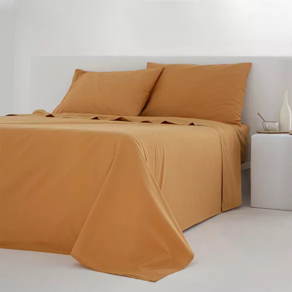 juego de sábanas liso percal algodón 200 hilos ocre naranja